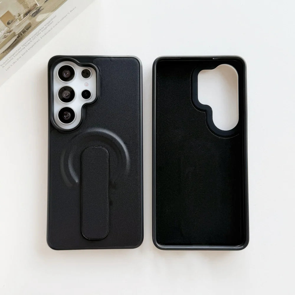 PU Leather Ring Adjustable Bracket Magnetic Case For Samsung Galaxy S26 S25 S24 Ultra Plus S26+ S26 for Magsafe Shockproof Cover