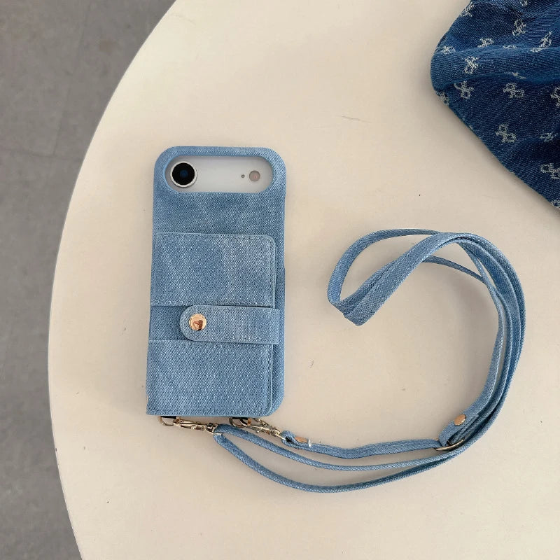 Luxury Solid Color Denim Wallet Card Slot One Buckle Lanyard Phone Case For Google Pixel 10 Pro 9A 8A 7A 7 8 9 Pro XL Back Cover