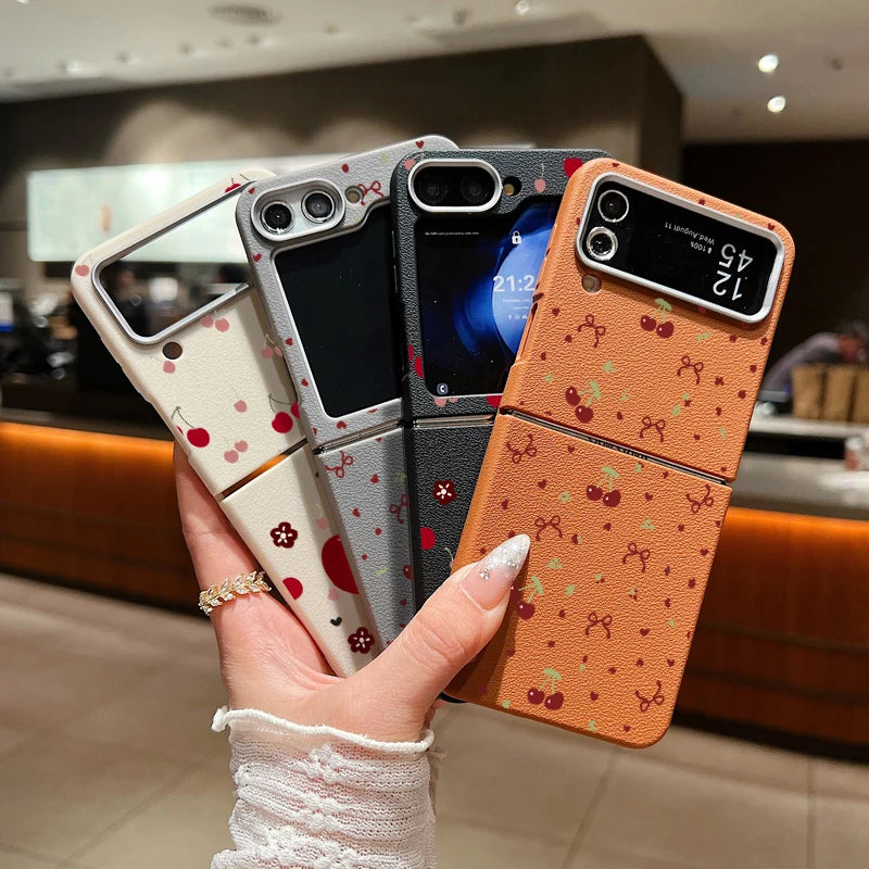 For Samsung Galaxy Z Flip 3 4 5 6 5G Leather Texture Phone Case Cherry Pattern Soft TPU Folding Cover For Samsung Z Flip5 Flip4