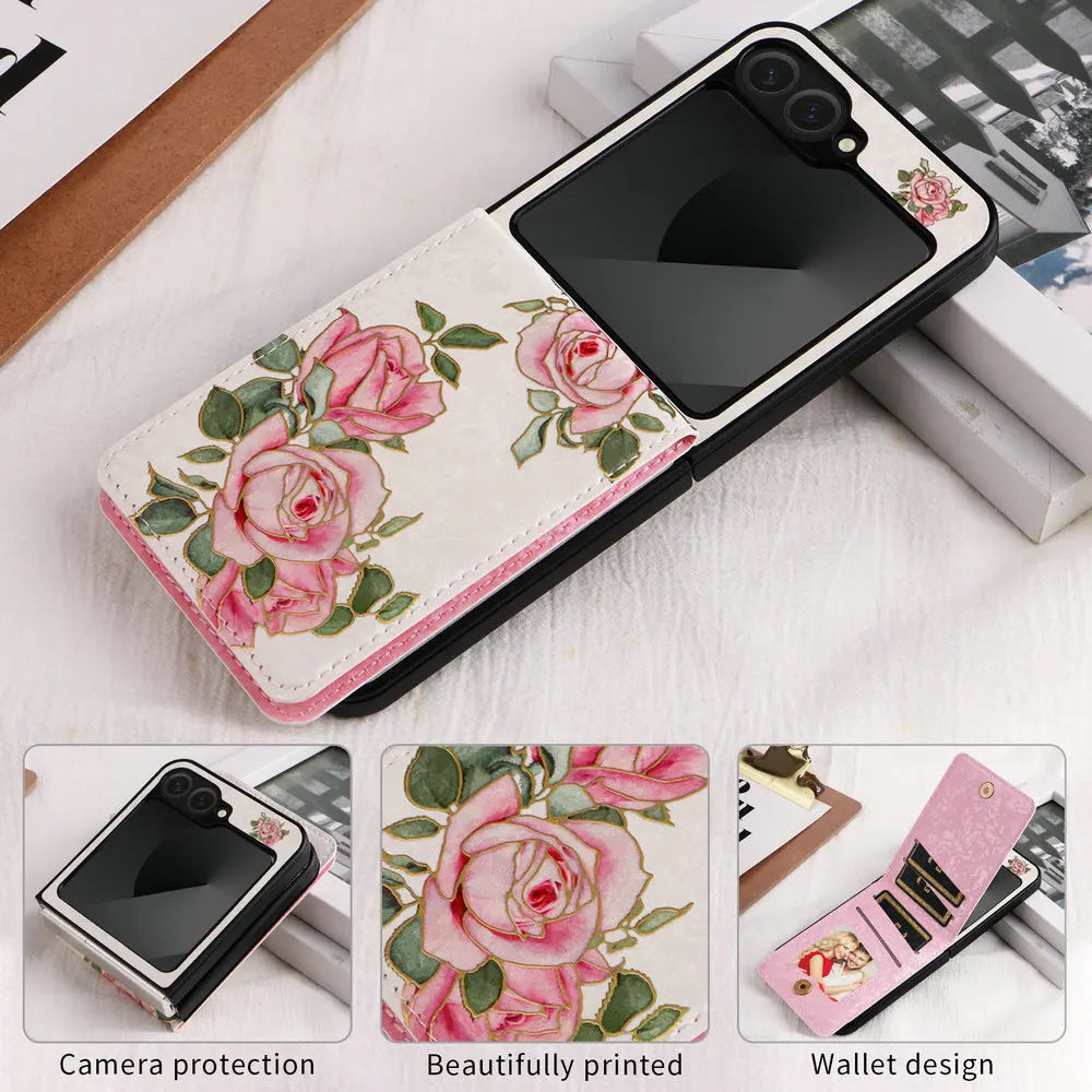 Wallet Double Button Floral Leather Card Coque for Samsung Galaxy Z Flip 7 5G 2025 Luxury Case ZFlip 7 SE Flip7 6 5 Magnet Cover