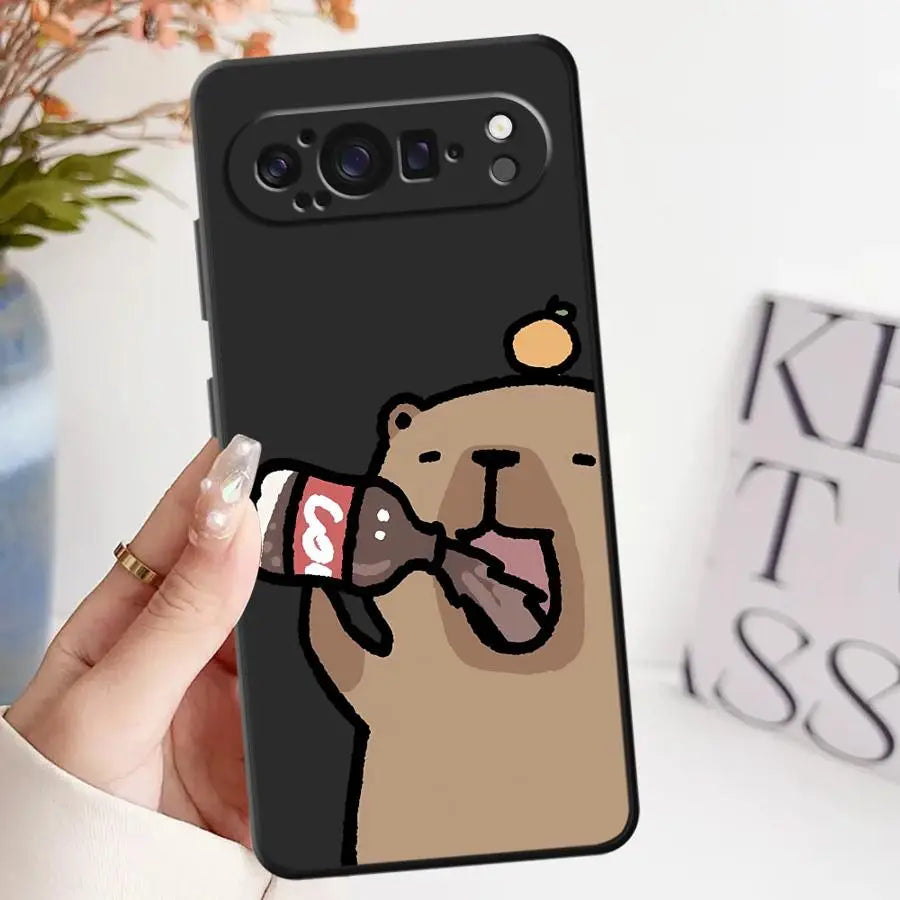 Phone Case for Google Pixel 7a 6 7 8 Pro 9a 10 9 Pro XL 8a 6a Black Soft Shell Cute Capybara Cartoon