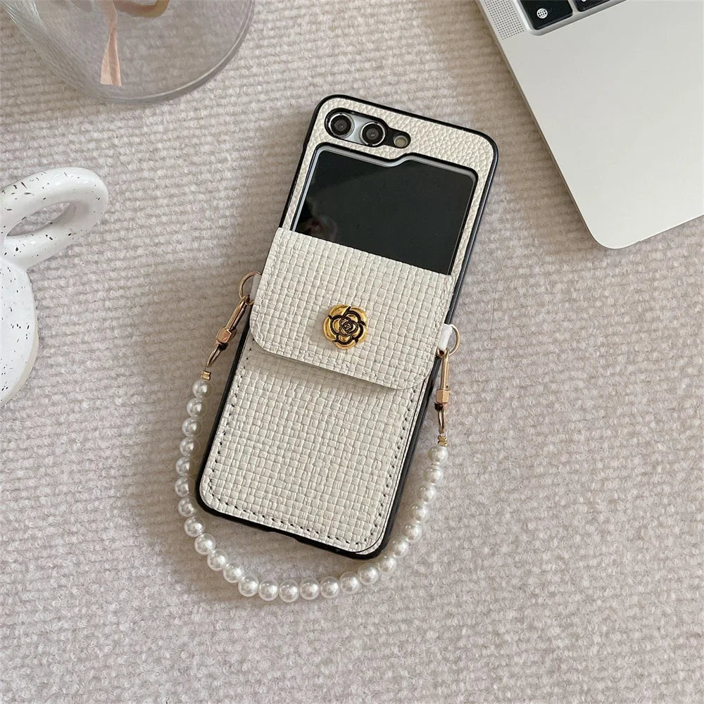 For Samsung Galaxy ZFlip7 Z Flip 7 6 5 4 3 Flip6 Flip5 Flip4 Flip3 5G Case Luxury Texture PU Leather Card Holder Wrist Strap