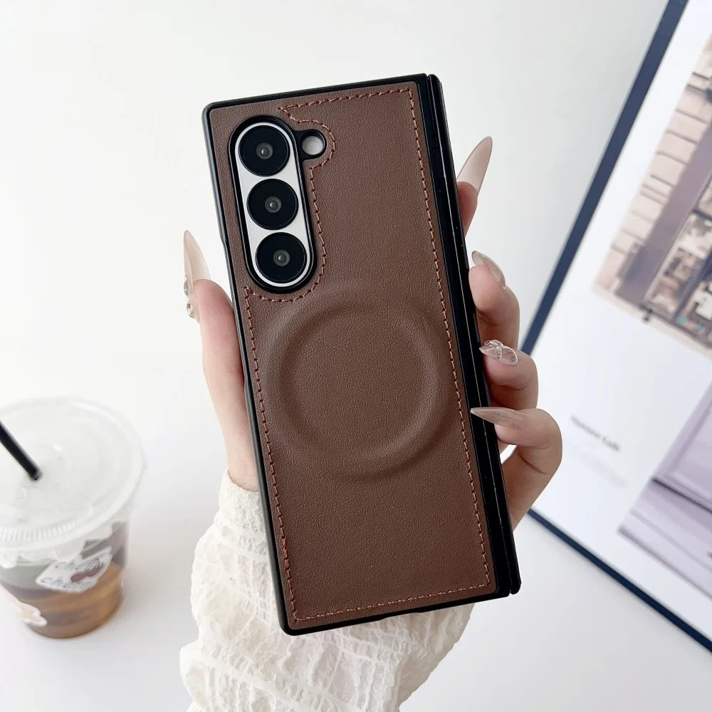 For Samsung Z Fold 7 Leather for Magsafe Wireless Charge Case For Samsung Galaxy Z Fold 7 6 5 4 3 Hinge Protect Armor 2in1 Cover