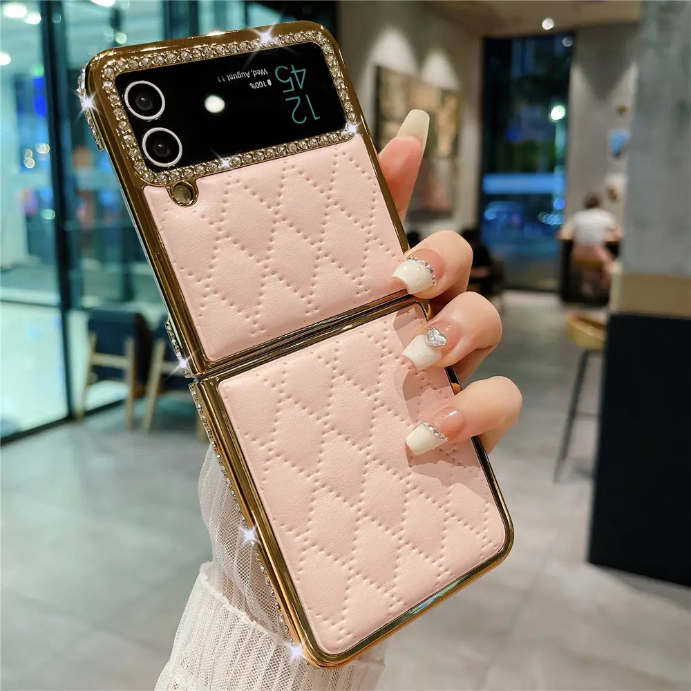 Luxury Bling Diamond Leather Plating Case For Samsung Galaxy Z Flip 6 Flip 5 Flip 3 4 Shockproof Cover Funda