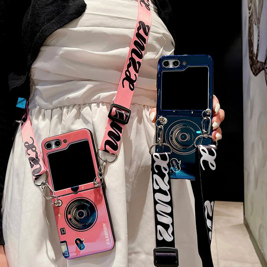 Blu Ray Laser Camera Long Rope Case With Lanyard Necklace Strap Case For Samsung Galaxy Z Flip 5 5G Z Flip6 Hard PC Phone Cover