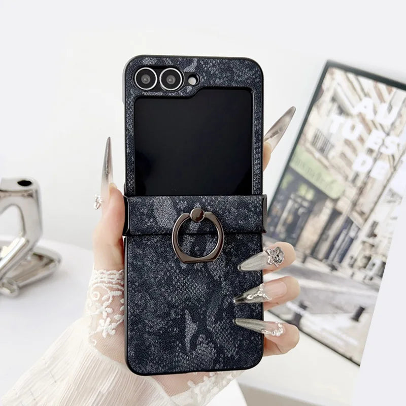 Luxury Lizard Texture Leather Foldable Phone Case For Samsung Galaxy Z Flip 3 4 5 6 Ring Holder Shockproof Proteciton Back Cover