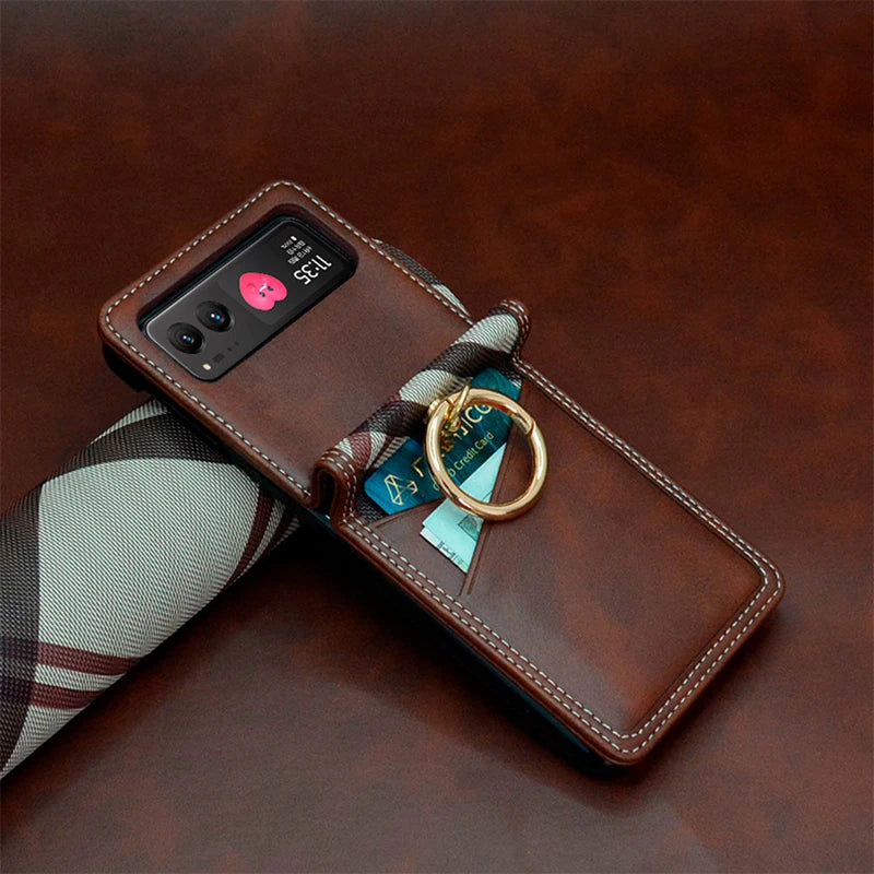 Case For Motorola Razr 40 Ultra 50 Ultra Razr Plus Card Wallet Finger Ring Grid Contrasting Color PU Leather Phone Case Cover