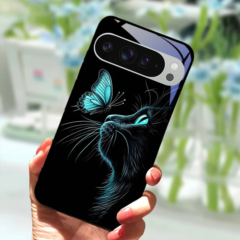 Fashion Glass Case For Google Pixel 9 Pro XL Tempered Glass  Black Phone Cover For Google Pixel 9a Pixel9 Funda Protector Cases