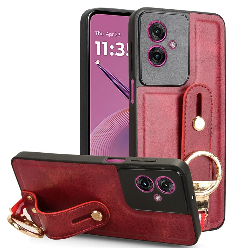 Luxury Wristband Leather Stand Case for Motorola Moto G35 G55 G45 G85 5G With Ring Opener Coque Fundas Capa
