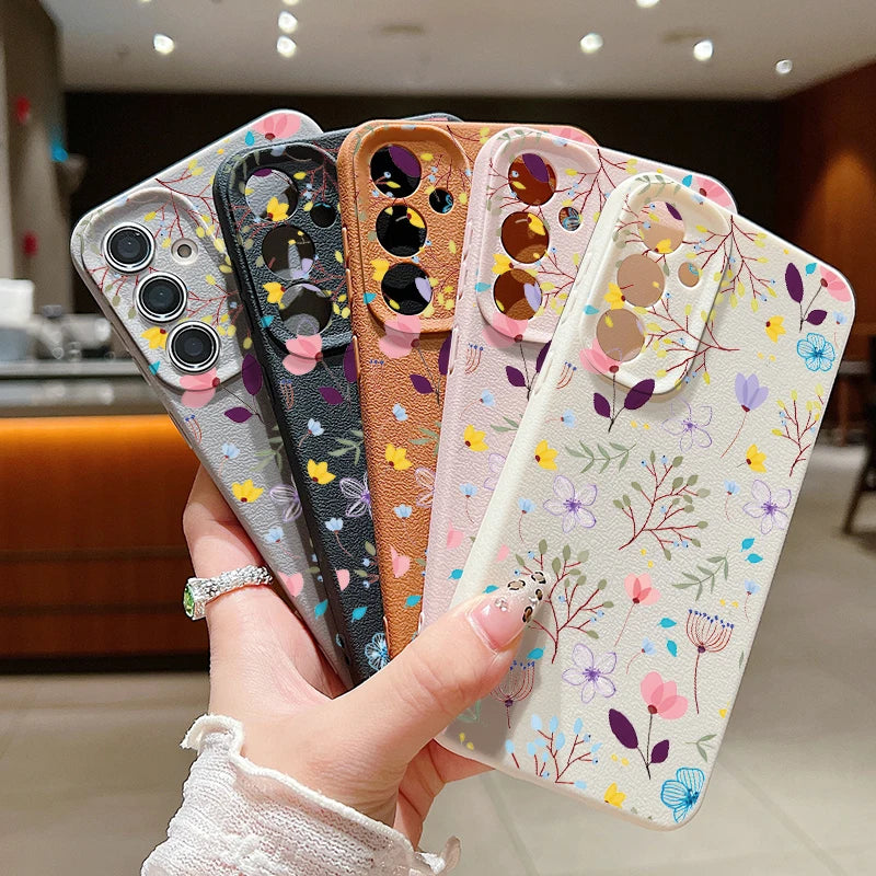 Floral Flowers Leather Texture TPU Case For Samsung Galaxy S24 FE S25 S23 S22 Ultra A16 A55 A15 A54 A35 A25 A56 5G Phone Cover
