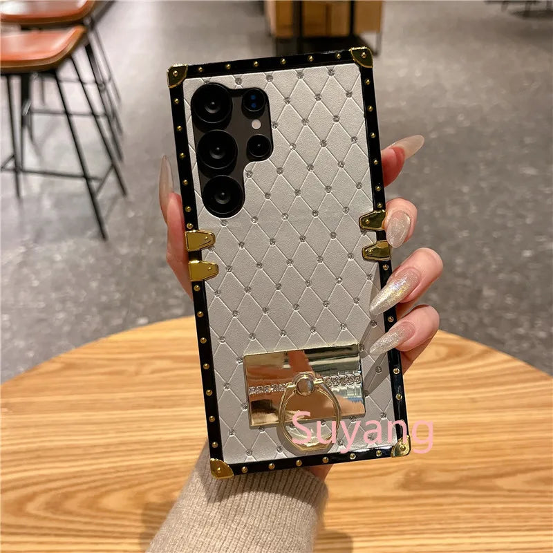 Luxury Diamond Bling Phone Ring Holder Case For Samsung Galaxy S26 S25 Ultra S24 S23 S22 S21 S20 FE S10 Plus Glitter Plaid Cover