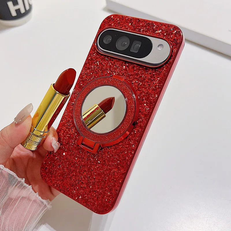 Bling Mirror Magnetic Metal Bracket Case For Google Pixel 9 10 Pro XL 8A 8Pro 7A 6 7 Pro Wireless Charging Glitter Sequins Cover