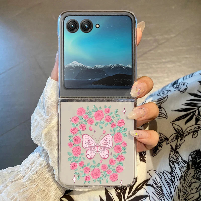 Flowers Bowknot Clear Phone Case For Motorola Razr 50 40 Ultra Razr40 Razr50 Shockproof Bumper Transparent Folding Hard PC Cover