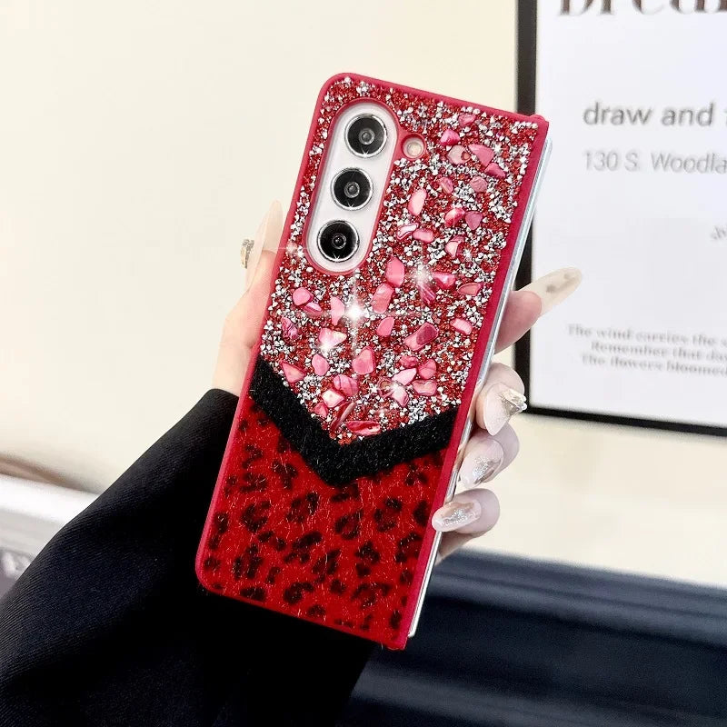 Luxury Bling Rhinestone Leopard Print Case For Samsung Galaxy Z Fold 6 5 4 3 5G Fold4 Fold5 Cover Fold6 Fashion Bracelet Shell