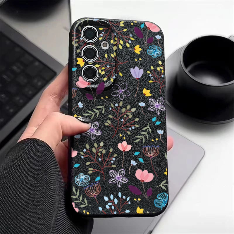 Floral Flowers Leather Texture TPU Case For Samsung Galaxy S24 FE S25 S23 S22 Ultra A16 A55 A15 A54 A35 A25 A56 5G Phone Cover