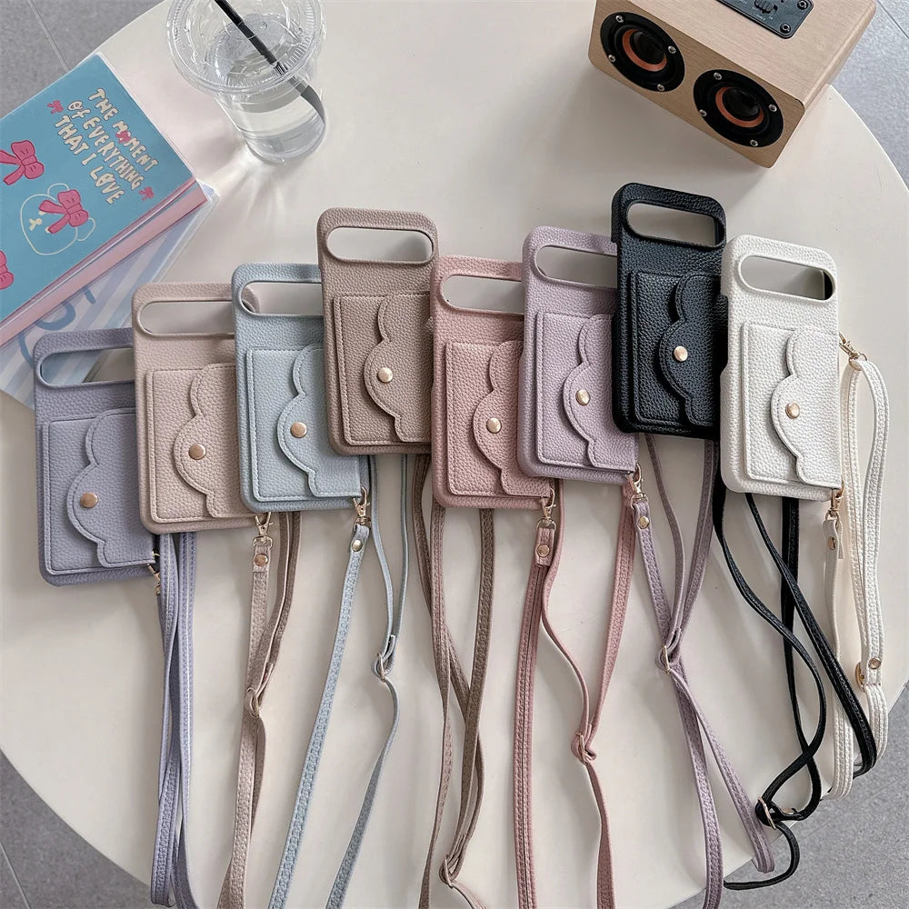 Leather Litchi Wallet Cards Slot Bag Case For Google Pixel 9 8 7 6 9 Pro XL 8A 7A 6A 9XL Shoulder Strap Lanyard Skin Feel Cover