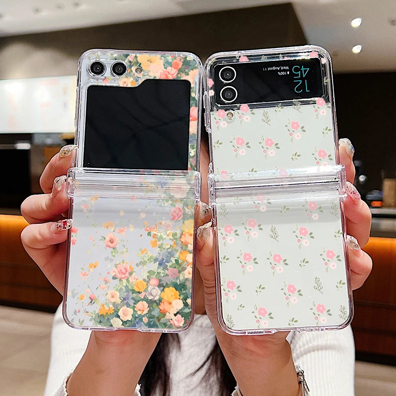Hinged Simple Style Small Flower Case For Samsung Galaxy Z Flip 6 5 4 3 Clear Hard Folding Cover For Samsung Z Flip6 Flip5 Flip4