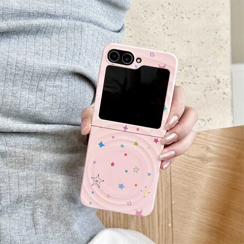 Korean Cute Star Magnetic Stand Holder Phone Case For Samsung Galaxy Z Flip 7 6 5 4 3 Flip5 Flip6 Flip7 Cover Cases with Chain