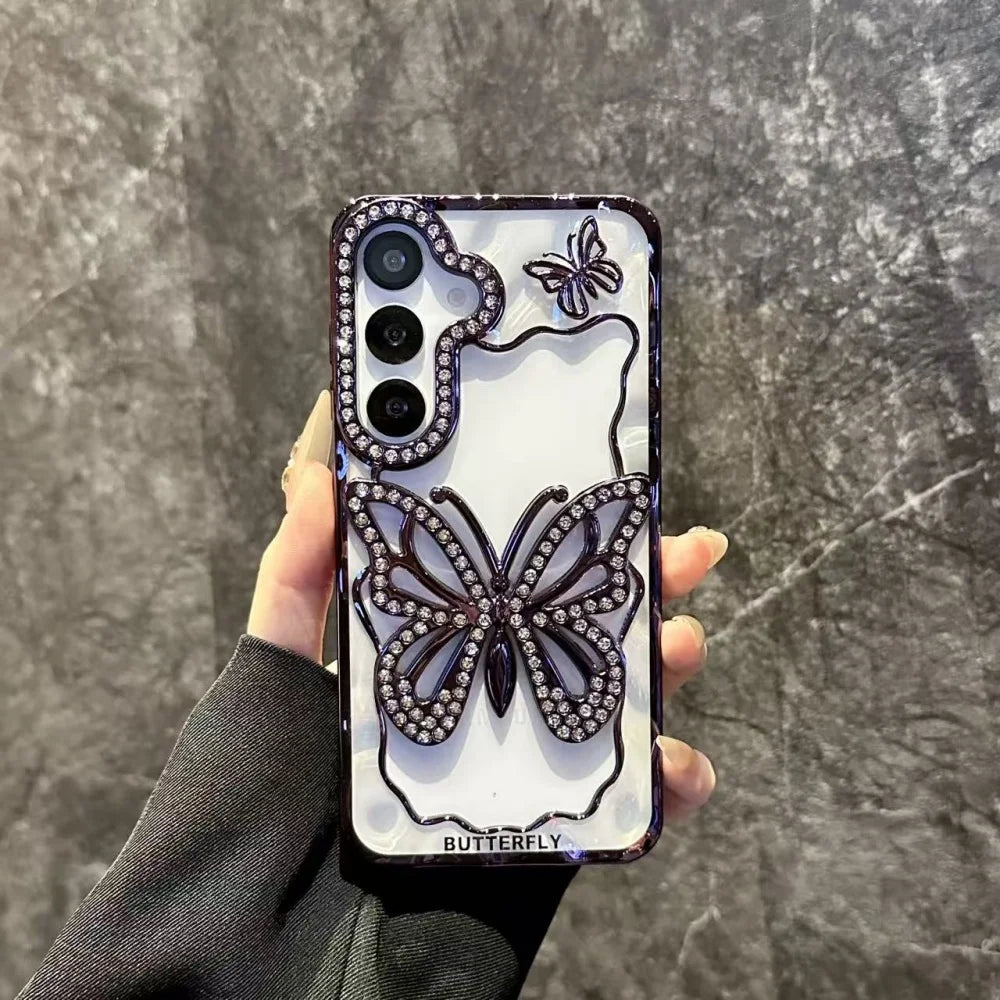 Bright Diamond Butterfly Case For Samsung Galaxy S25 S24 S23 S22 Plus Ultra A16 A26 A36 A56 A07 A17 A06 A55 A05S Clear Cover