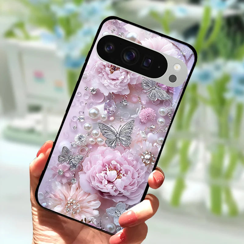 Fashion Glass Case For Google Pixel 9 Pro XL Tempered Glass  Black Phone Cover For Google Pixel 9a Pixel9 Funda Protector Cases