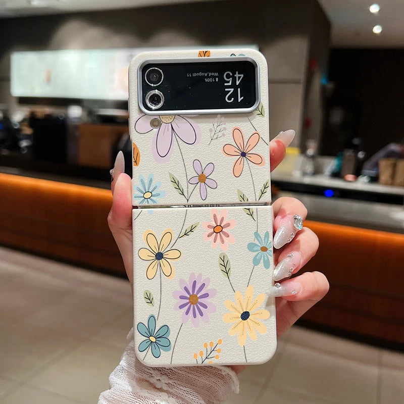 For Samsung Galaxy Z Flip 5 6 3 4 5G Cartoon Flowers Soft Case Leather Texture TPU Folding Phone Cover For Samsung Z Flip5 Flip4
