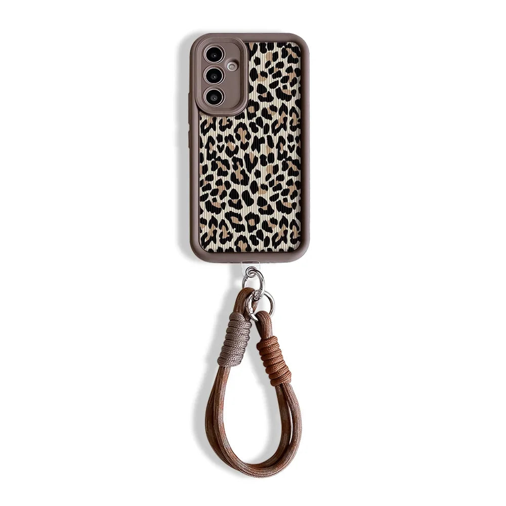 Leopard Wrist Chain Lanyard Case for Samsung S25 S24 S23 S22 S21 Plus Ultra S20 FE A50 A05 11 30 20 Soft TPU Phone Cover