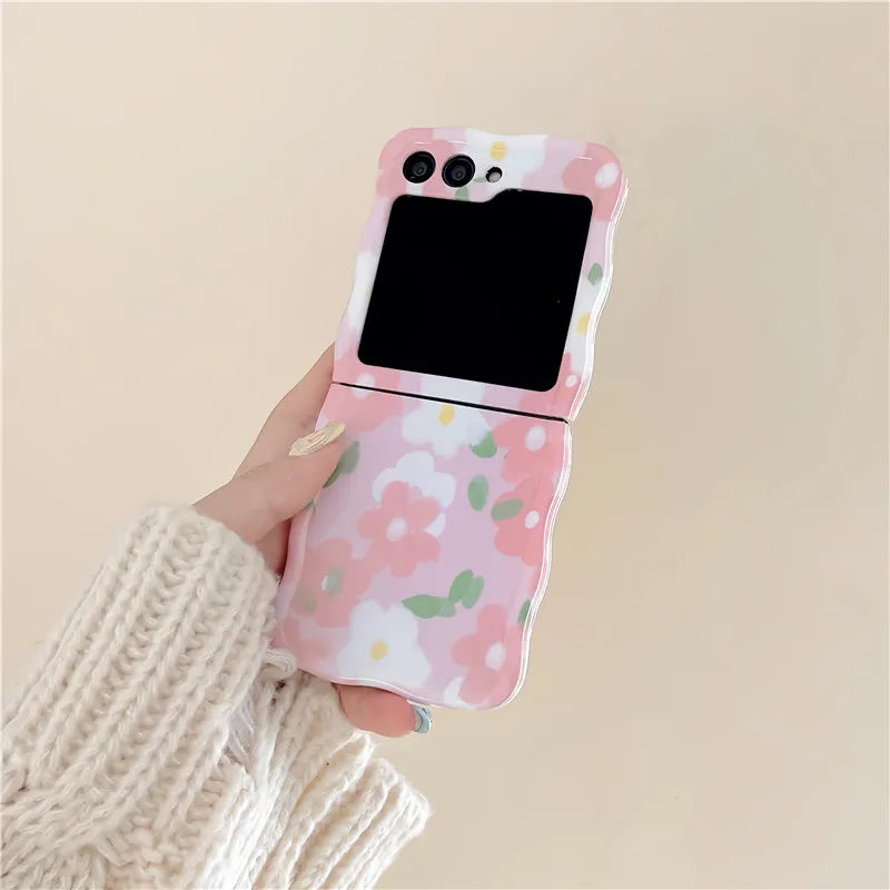 Cute Flower Pendant Phone Case For Samsung Galaxy Z Flip 3 4 5 5G Wave Shockproof Back Cover For Samsung Z Flip3 Flip4 ZFlip5