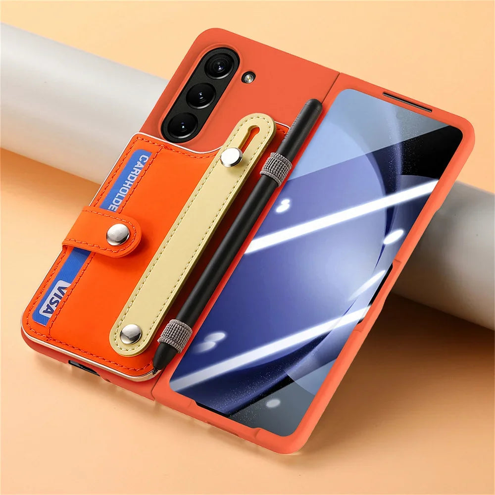 For Samsung Galaxy Z Fold 6 5 Fold6 Fold5 5G Card Slot Wallet Case with Pen Holder & Screen Protector Wrist Strap Cover(NO Pen)