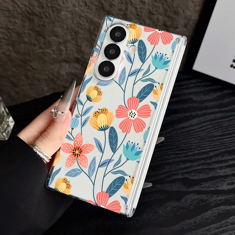 Magnetic Adsorption Phone Case For Samsung Galaxy Z Fold 7 6 5 Fold7 Fold6 Fold5 5G Flower Floral Pattern Clear Shockproof Cover