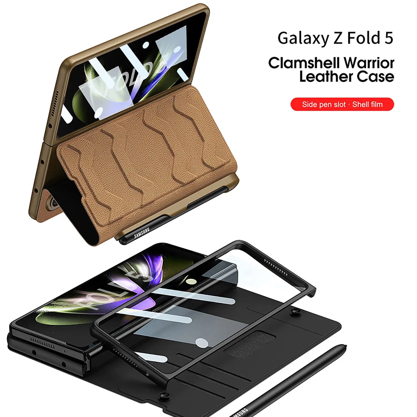 Clamshell Warrior Leather Case for Samsung Galaxy Z fold 5 Shell Film Integrated with Side Pen slot Anti-fall Protection Cover