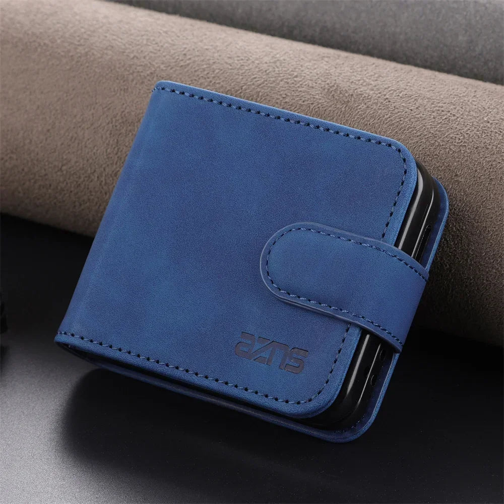 Simple Retro Pure Color Leather Phone Case For Samsung Galaxy Z Flip 7 6 5 4 3 Card Slot Bracket Wallet Shockproof Protect Cover