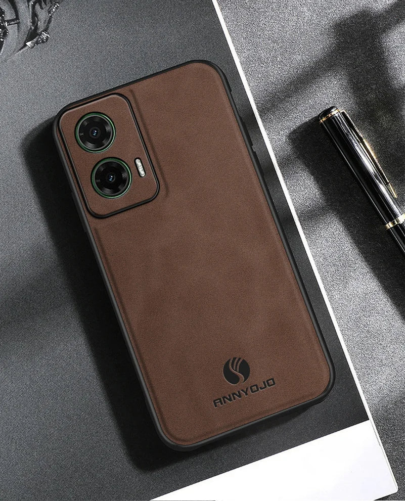 Matte Plain Leather Case For Moto G35 Motorola Moto G35 Built-in Metal Car Mount Holder Cover