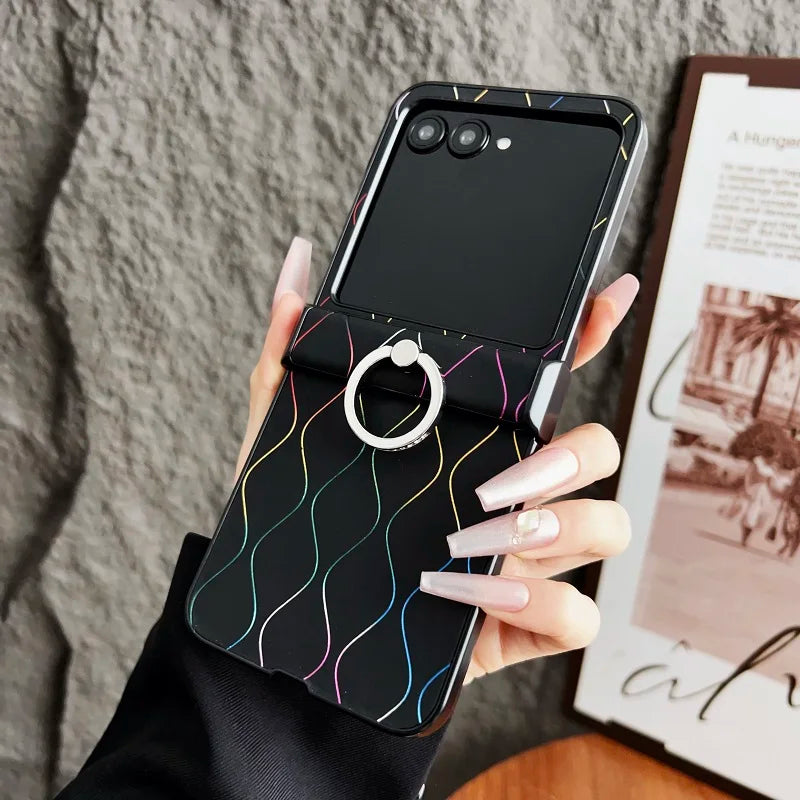 Luxury Wave Pattern Ring Phone Case For Motorola Razr 60 50 40 Ultra 50Ultra 3-piece Set Wavy Line Hinge Anti-Scratch Back Cover