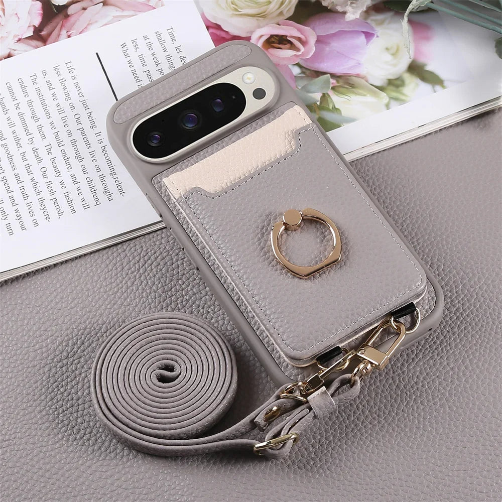 Crossbody Strap Lanyard Wallet Case with Card Slots Ring Holder Kickstand For Google Pixel 9a 8 9 Pro XL 8a 7a PU Leather Cover