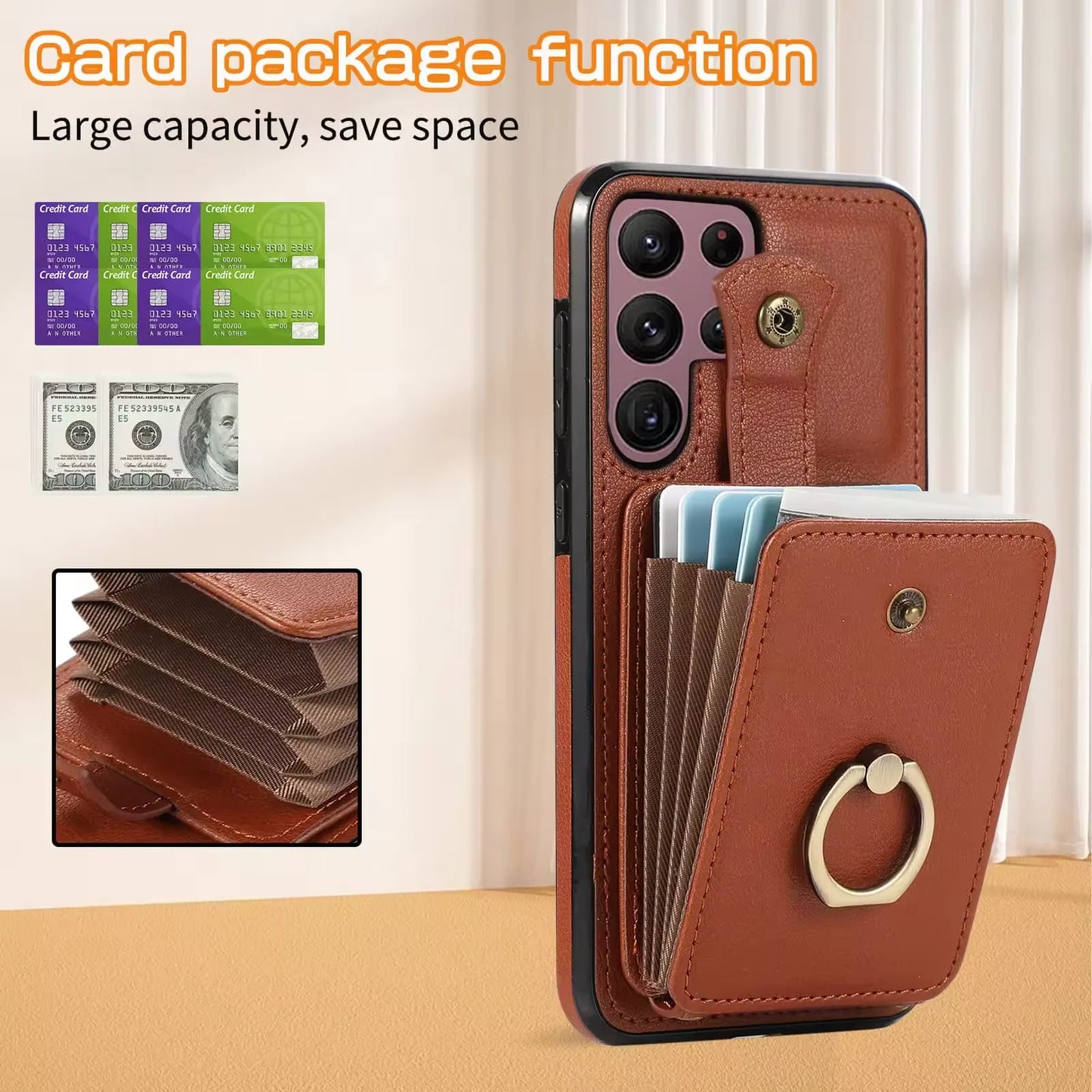 For Samsung Galaxy S25 24 23 22 Ultra/Note 10/20 Ultra/S20 FE/S10 Case Wallet with Card Holder, 360°Rotation Finger Ring Holder