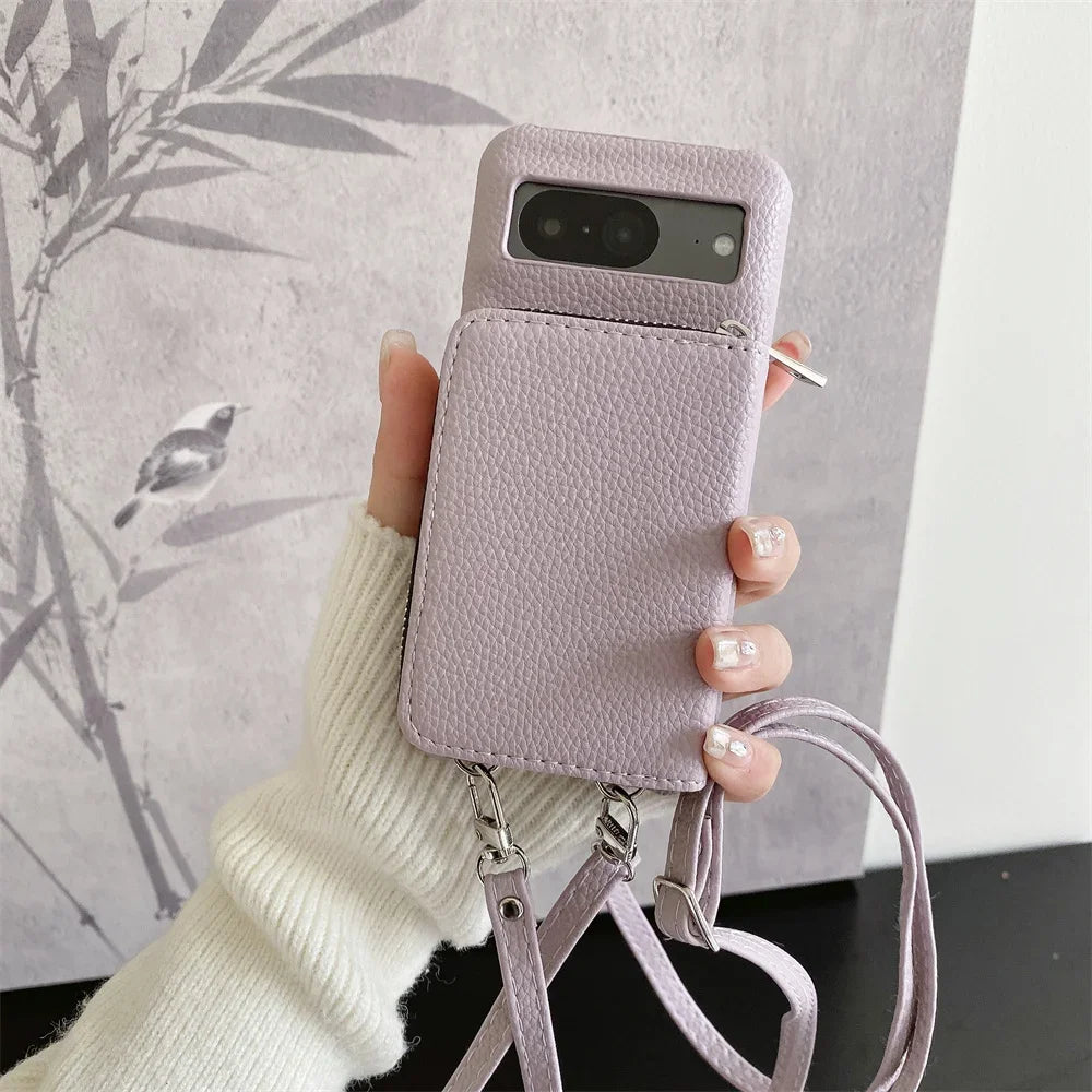 For Google Pixel 9 8 7 6 5 Pro XL 8 A 7A 6A Phone Case  Leather Litchi Wallet Card Bag Shoulder Strap Lanyard Stand Holder Cover