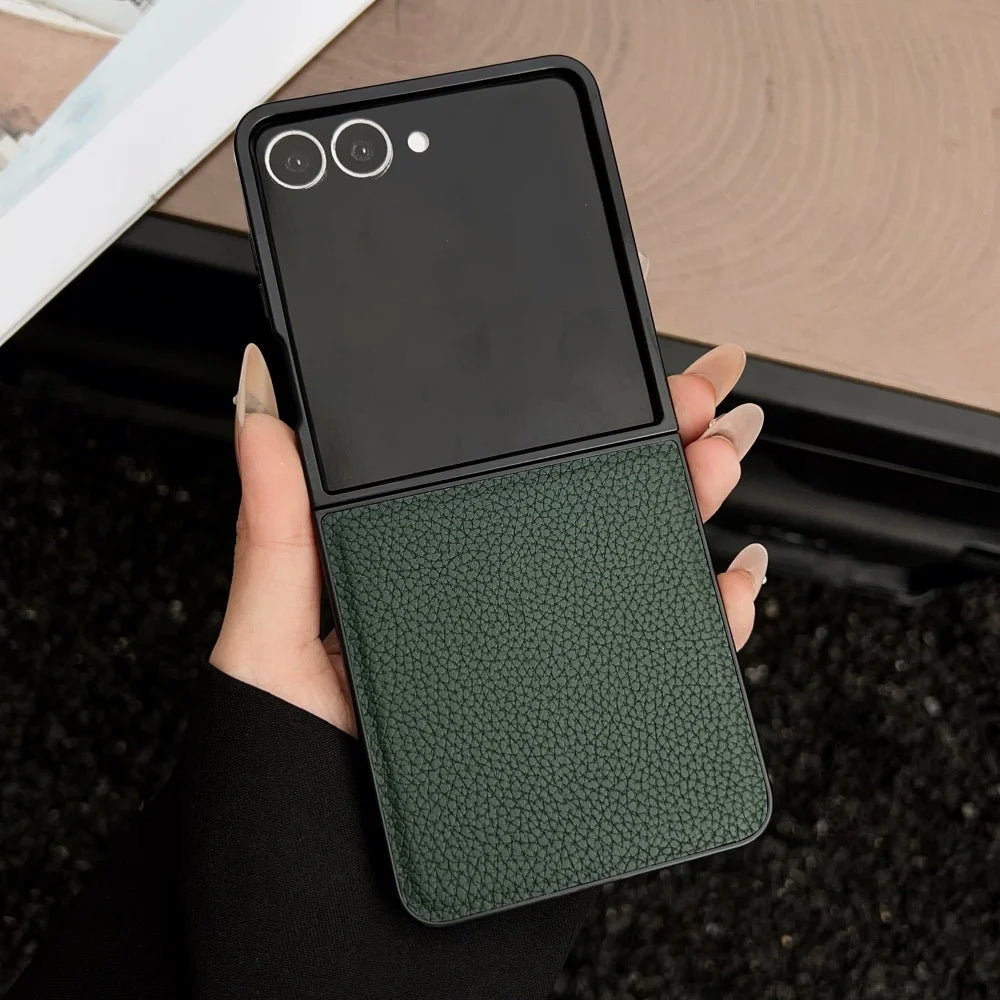 Luxury Lychee Pattern Leather Phone Case For Samsung Galaxy Z Flip 7 6 5 4 3 5G Shockproof Soft Cover For ZFlip6 Flip5 Flip4