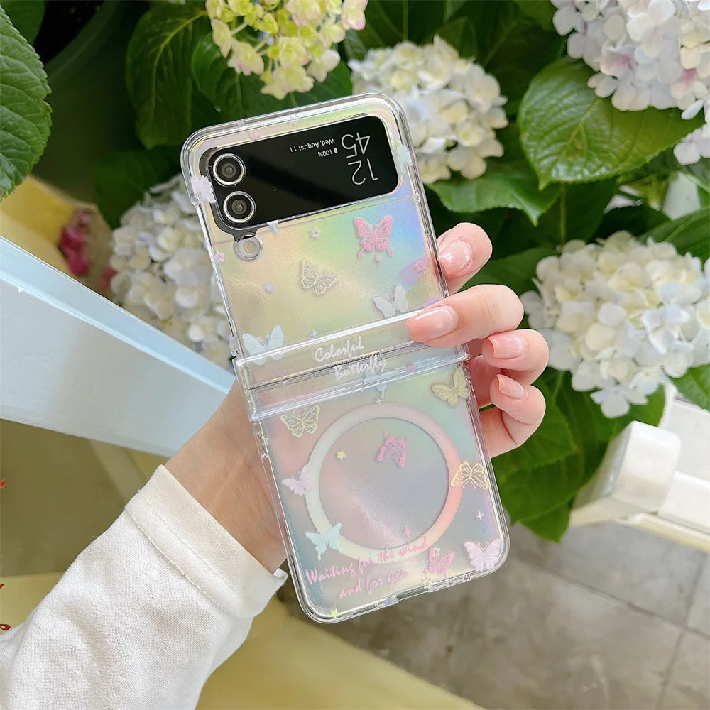 Korean Ins Cute Butterfly Magnetic Phone Case for Samsung Galaxy Z Flip6 7 FE Flip7 6 5 Flip5 4 3 Cover With Magsafe Stand Chain