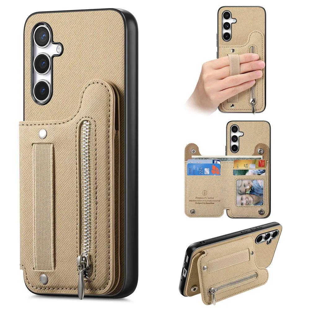 Zipper Cards Solt Wallet Leather Case For Samsung Galaxy A56 A55 A54 A53 A34 A36 A35 A25 A17 Elastic Rope Wrist Leather Cover