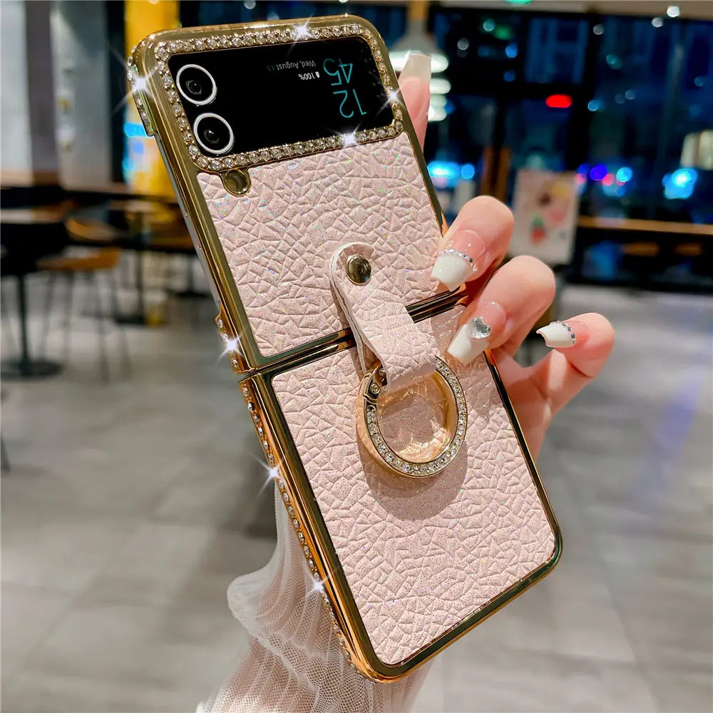 Ring Holder PU Leather Plating Case For Samsung Galaxy Z Flip 6 Flip 5 Flip 4 Zflip 3 Bling Diamond Shockproof Cover
