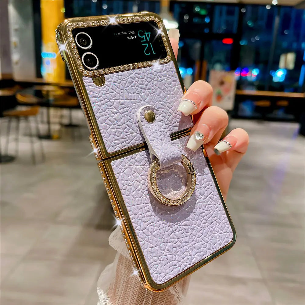 Ring Holder PU Leather Plating Case For Samsung Galaxy Z Flip 6 Flip 5 Flip 4 Zflip 3 Bling Diamond Shockproof Cover