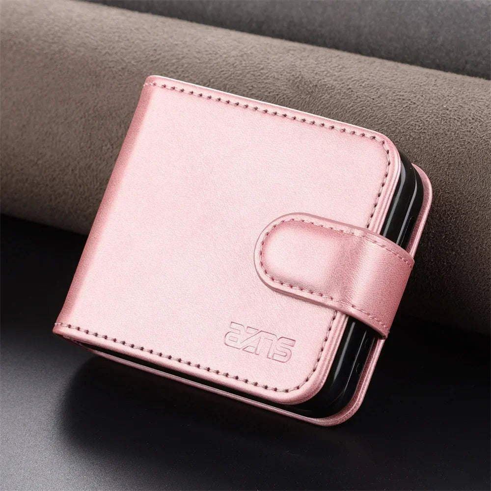 Simple Retro Pure Color Leather Phone Case For Samsung Galaxy Z Flip 7 6 5 4 3 Card Slot Bracket Wallet Shockproof Protect Cover