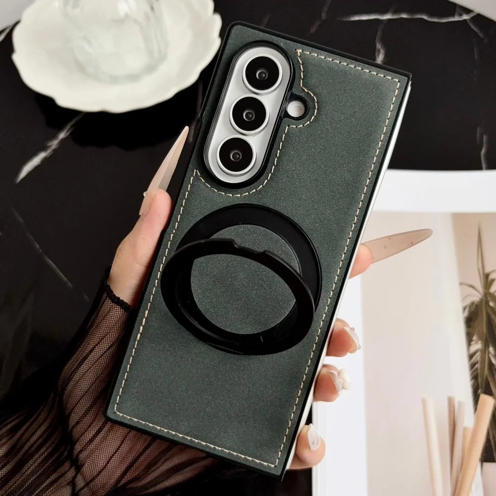 Luxury Matte Sheepskin For Magsafe Phone Case For Samsung ZFold 8 7 6 5 4 3 ZFold8 Wide ZFold7 360° Rotating Stand Back Cover