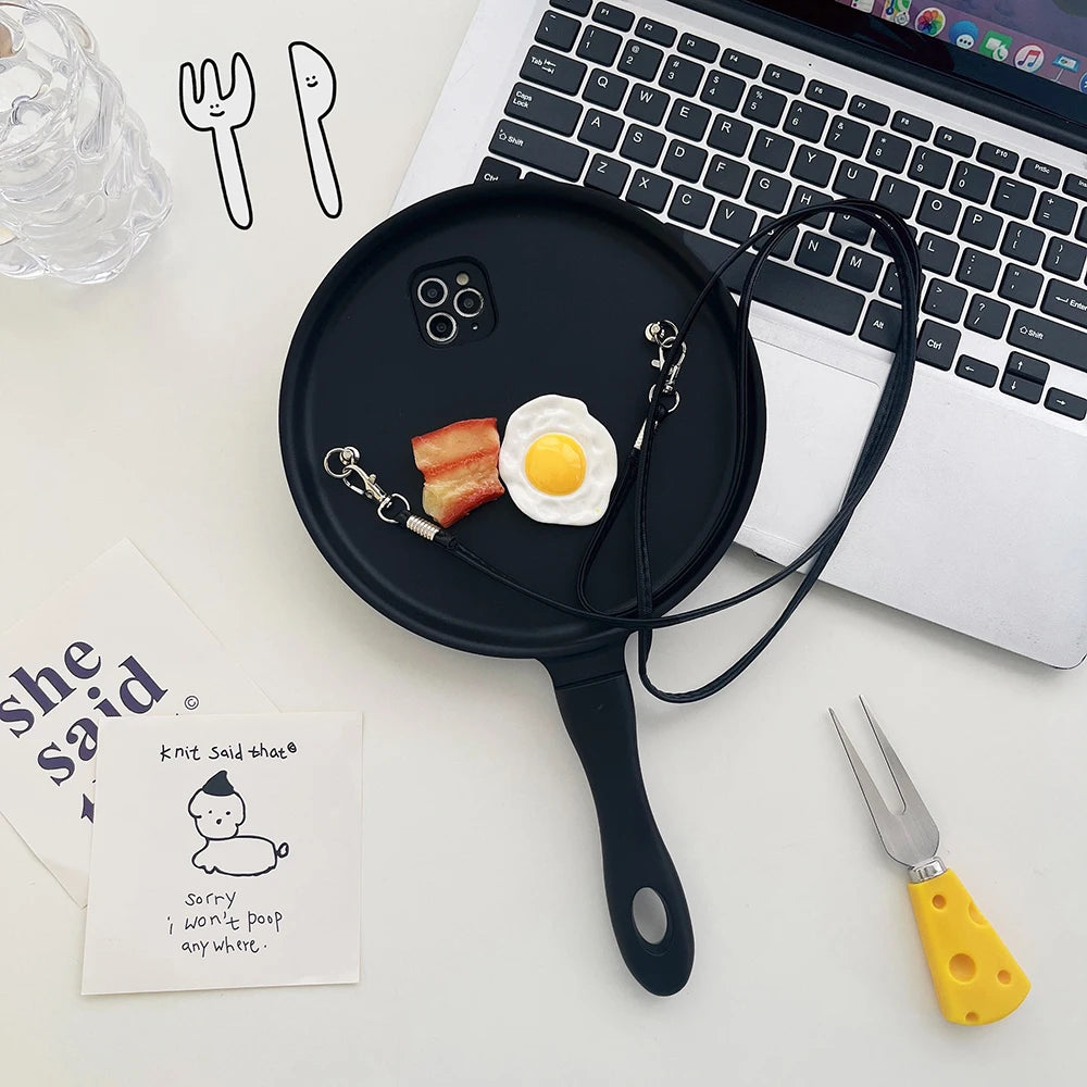 Funny 3D Frying Pan Crossbody Strap Phone Case For Samsung Galaxy S25 Ultra Cover S24 Plus S23 Ultra INS Fashion Shockproof Case