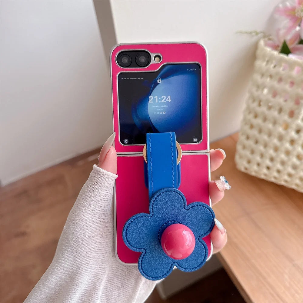 3D Flowers Leather Wrist Strap Phone Case For Samsung Galaxy Z Flip 7 6 5 4 3 Flip6 Z Flip7 Plating Silver Frame Ice Silk Cover