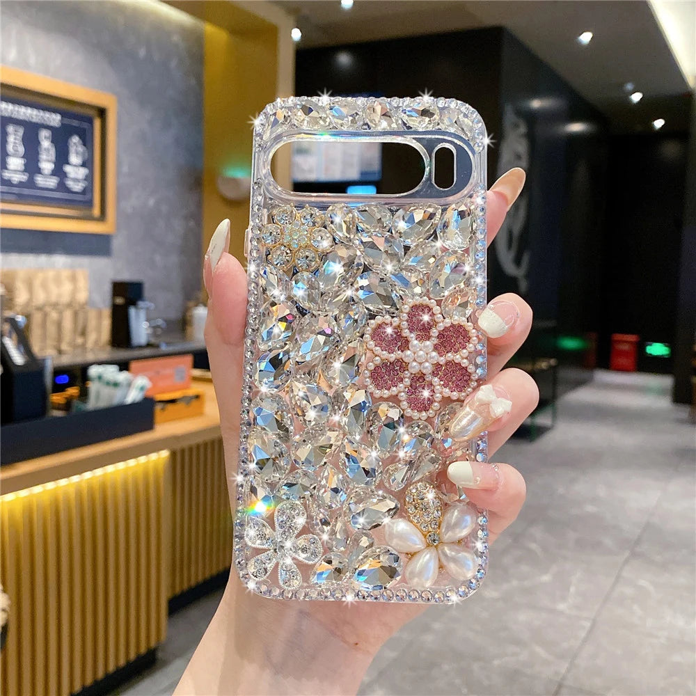 Handmad Diamond Pearl Flower Case For Google Pixel Fold 9 Pro XL 7A 8A 8 9Pro 6A Shine Rhinestone Cover Camera Protection Shell