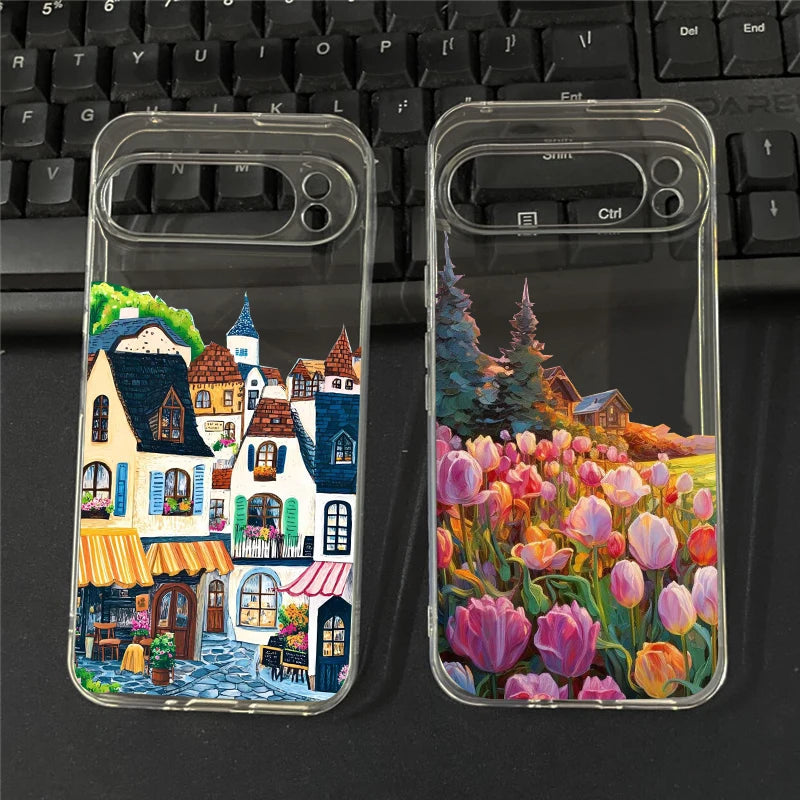 Coffe House Flower Landscape Phone Case For Google Pixel 9 Pro XL 10 8A 8 7 Pro 8 7 6A 5G Japan Anime Scenery Clear Soft Cover