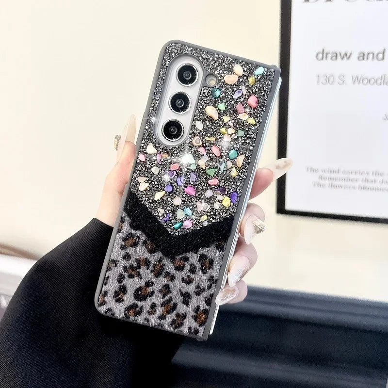 Luxury Bling Rhinestone Leopard Print Case For Samsung Galaxy Z Fold 6 5 4 3 5G Fold4 Fold5 Cover Fold6 Fashion Bracelet Shell