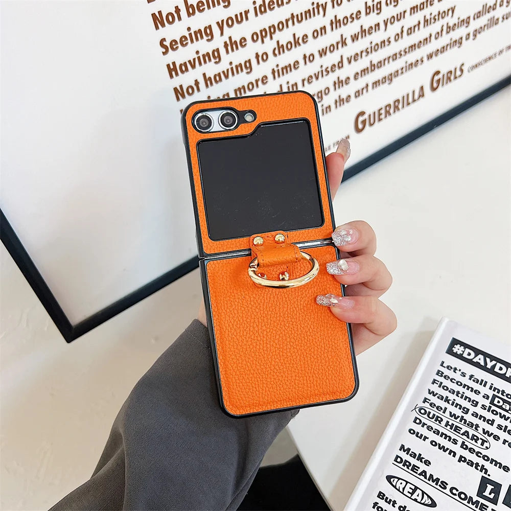 Original Leather Matte Litchi Phone Case For Samsung Galaxy Z Flip 6 5 4 3 Ring Stand Holder Shockproof Cover For Galaxy Flip 6