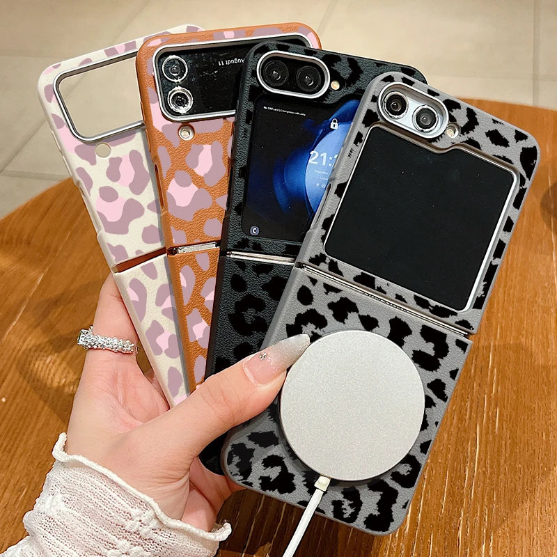 Leopard Pattern Magnetic Case For Magsafe For Samsung Galaxy Z Flip 6 5 4 3 Flip4 Flip5 Flip6 Leather Texture TPU Folding Cover